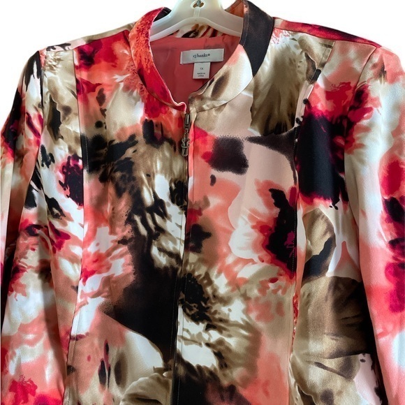 CJ Banks Women’s 1X Floral Blazer Suit Jacket Zip 3/4 Sleeve Coral Brown - Picture 2 of 12